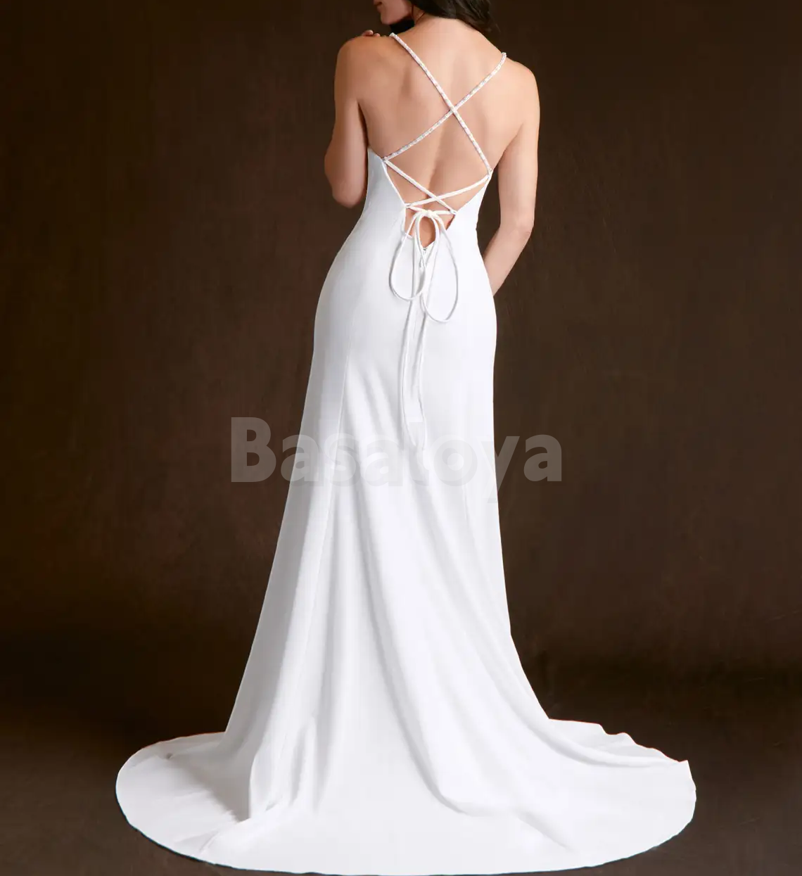 WD0112 Classic White Spaghetti Straps V-Neck Sheath Wedding Dress with Train