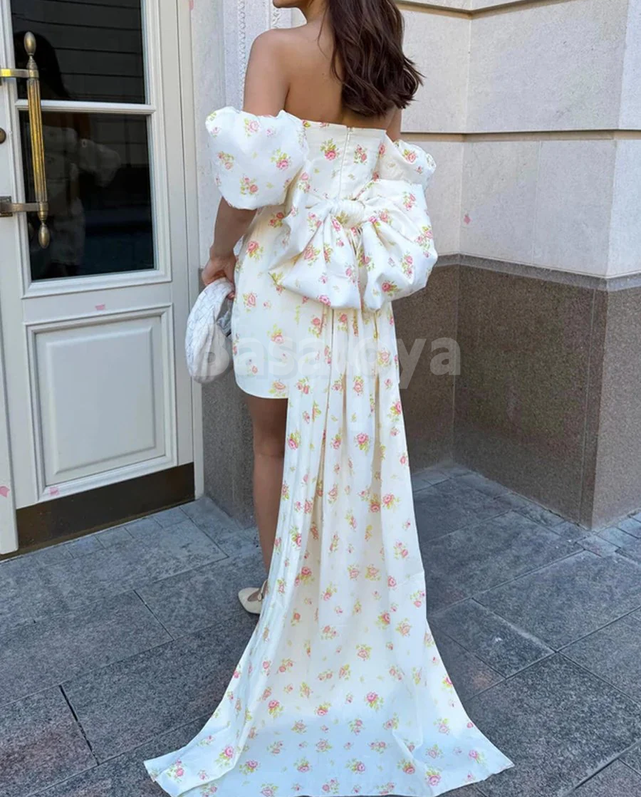 HM0046 Cute Ivory Strapless Puff Sleeves Mini Homecoming Gown with Bow Train