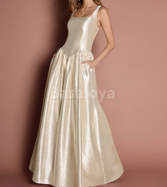 SP0261 Elegant Champagne Square Neck A-Line Prom Formal Gown with Pockets