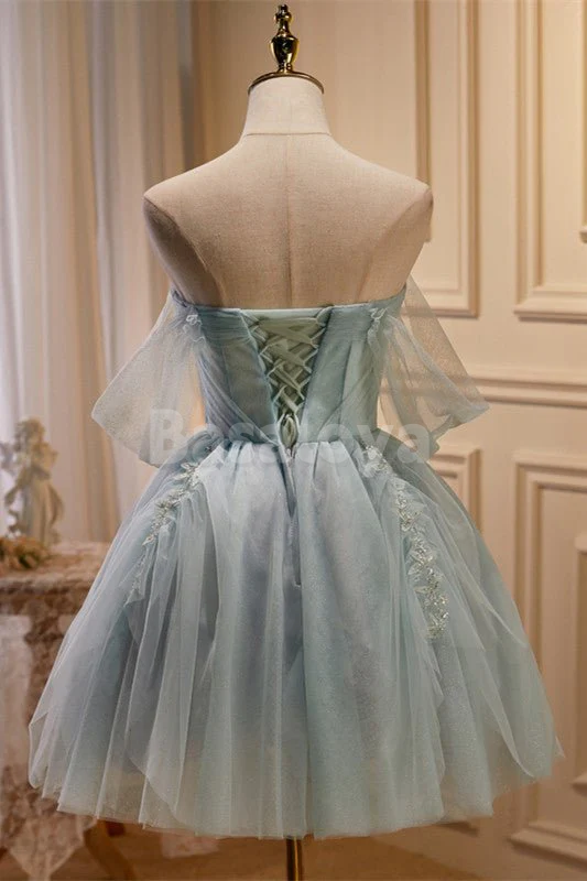 HM0152 Graceful Off Shoulder A-Line Mini Homecoming Dress with Pearls