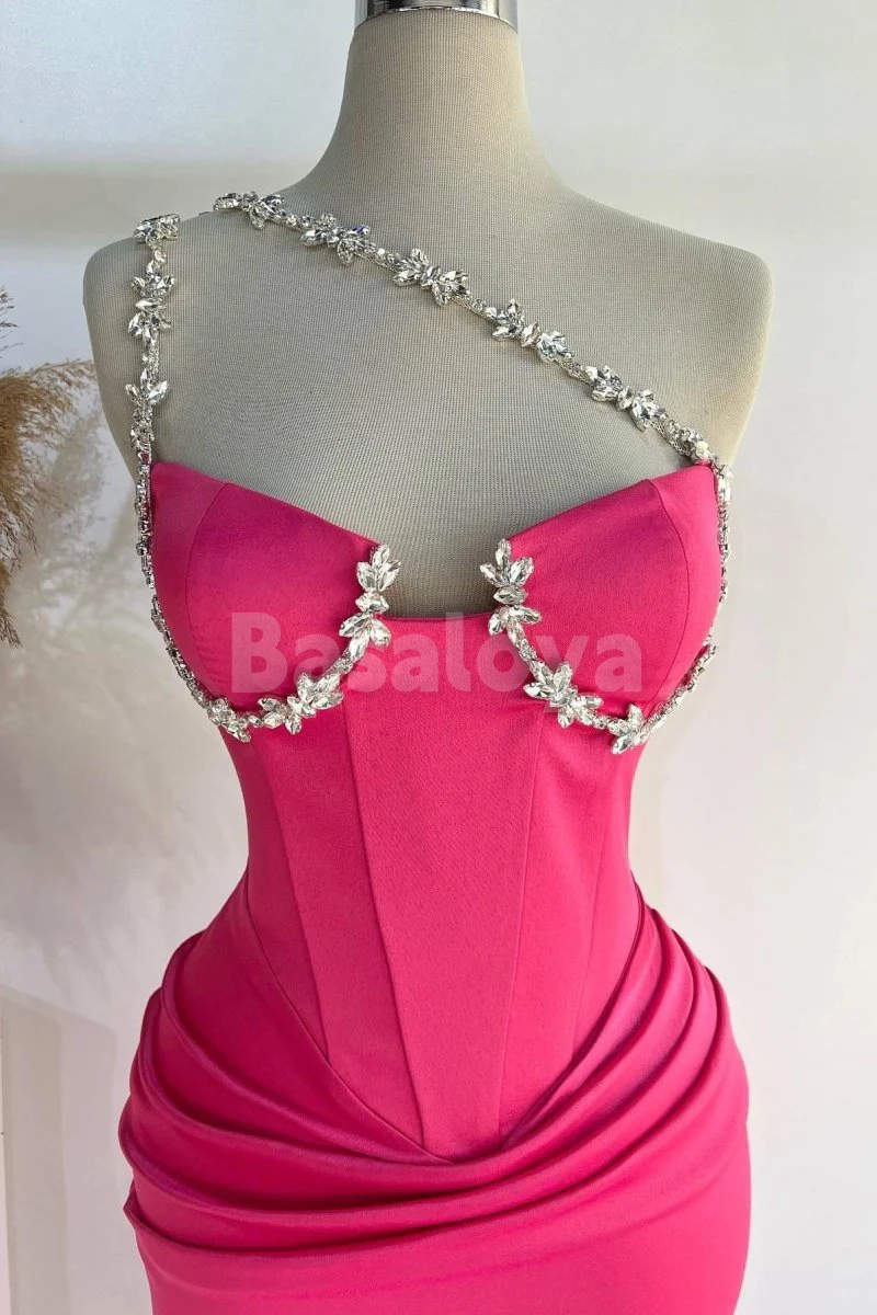 SP0225 Elegant Crystal Fuchsia Asymmetrical Neck Bodycon Prom Dress