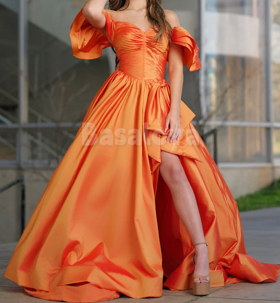 SP0189 Elegant Orange Off-Shoulder A-Line Pleats Prom Party Dress with Slit