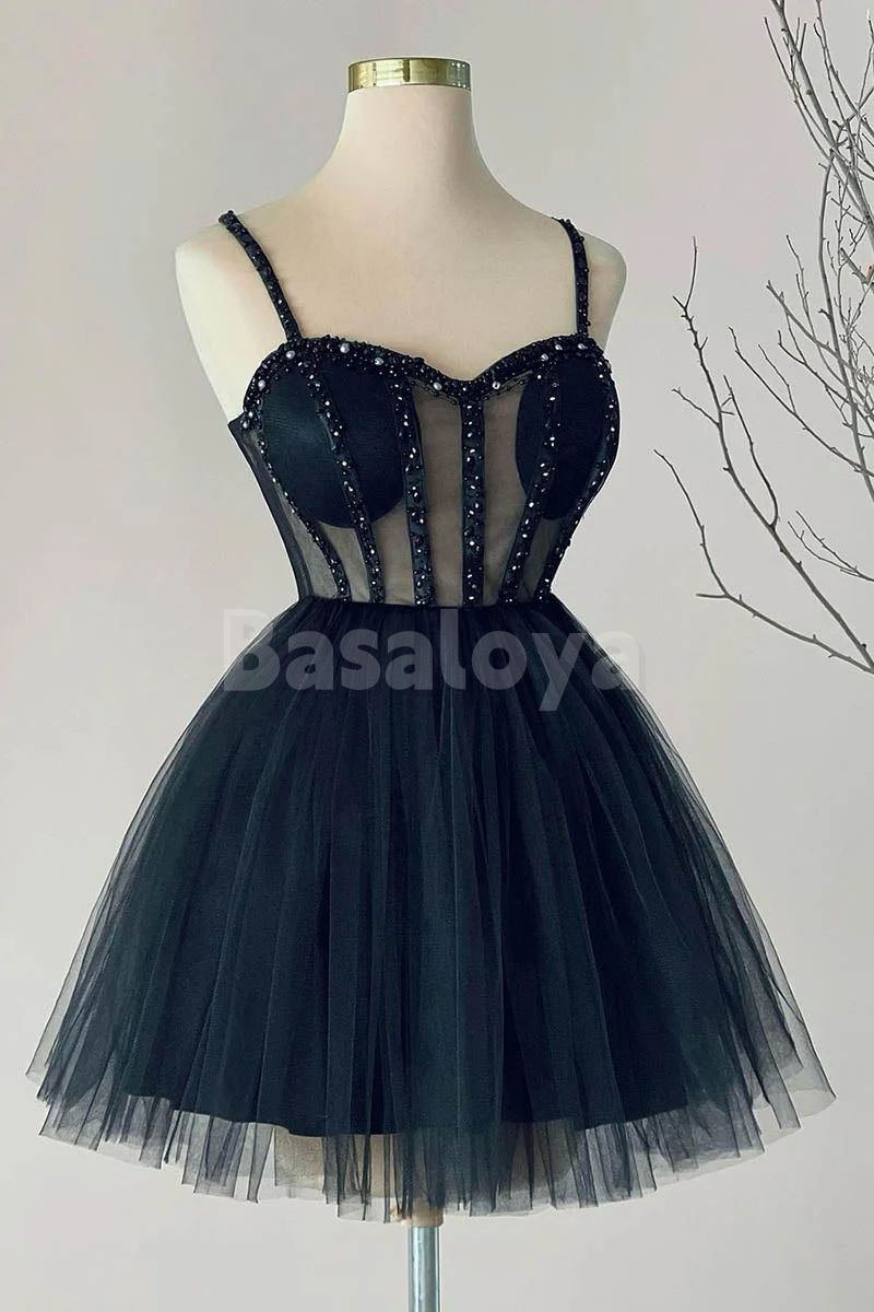 HM0147 Elegant Black Sweetheart A-Line Pleats Homecoming Dress with Beads