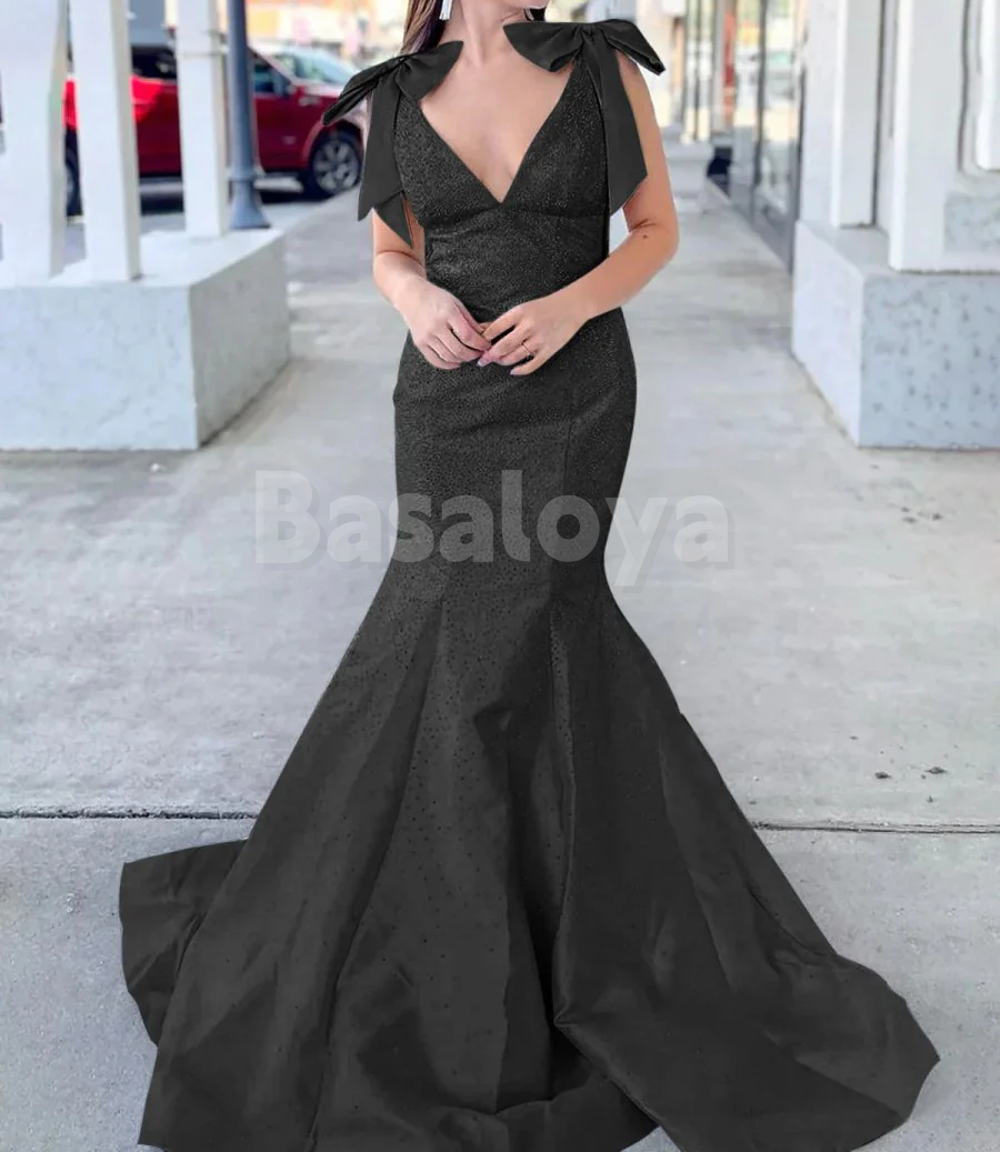 SP0180 Luxury Beaded Yellow V-Neck Mermaid Bow Evening Prom Dress with Train
