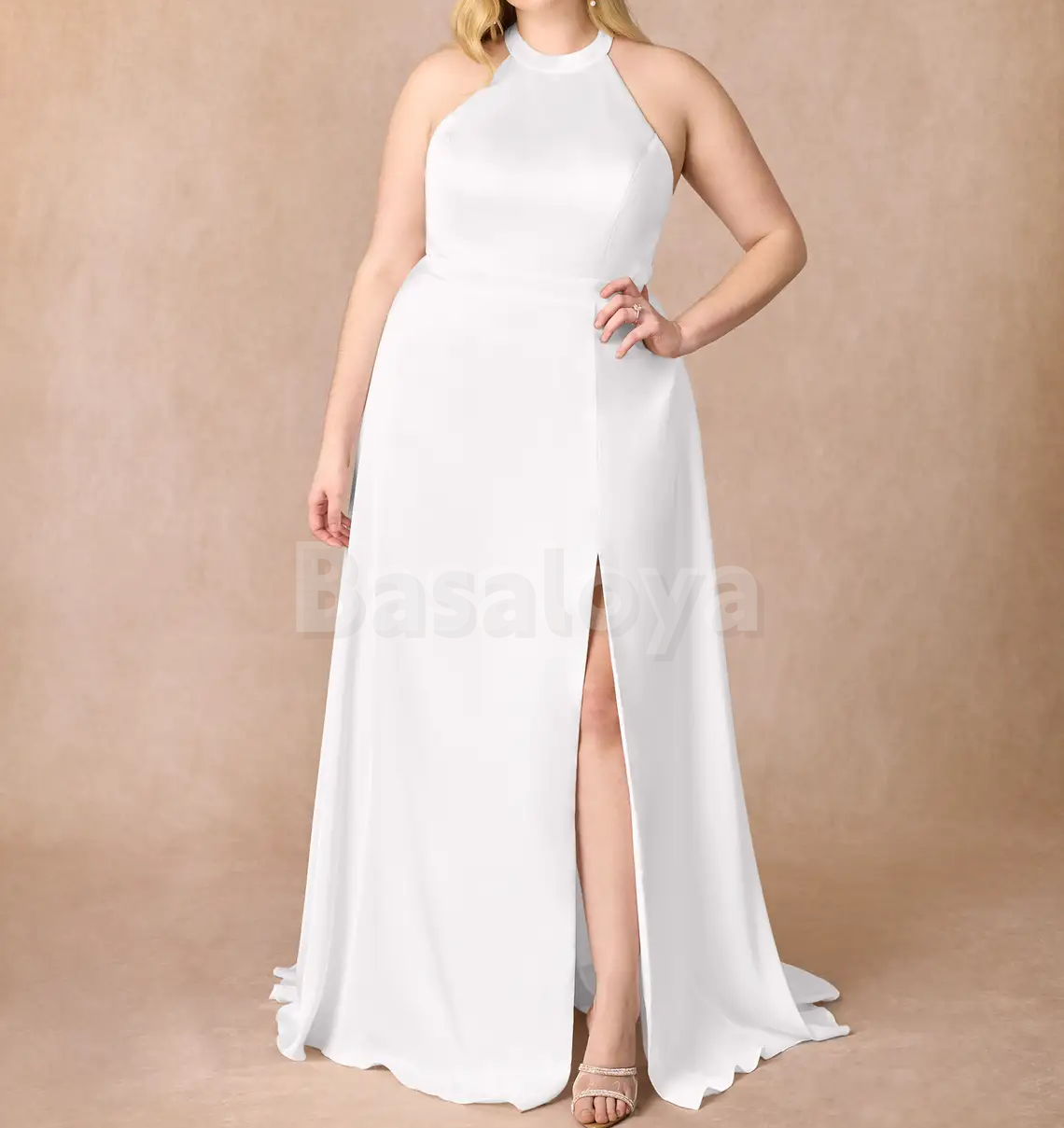 WD0111 Simple White Halter Neck A-Line Wedding Gown with Slit Bridal Gown