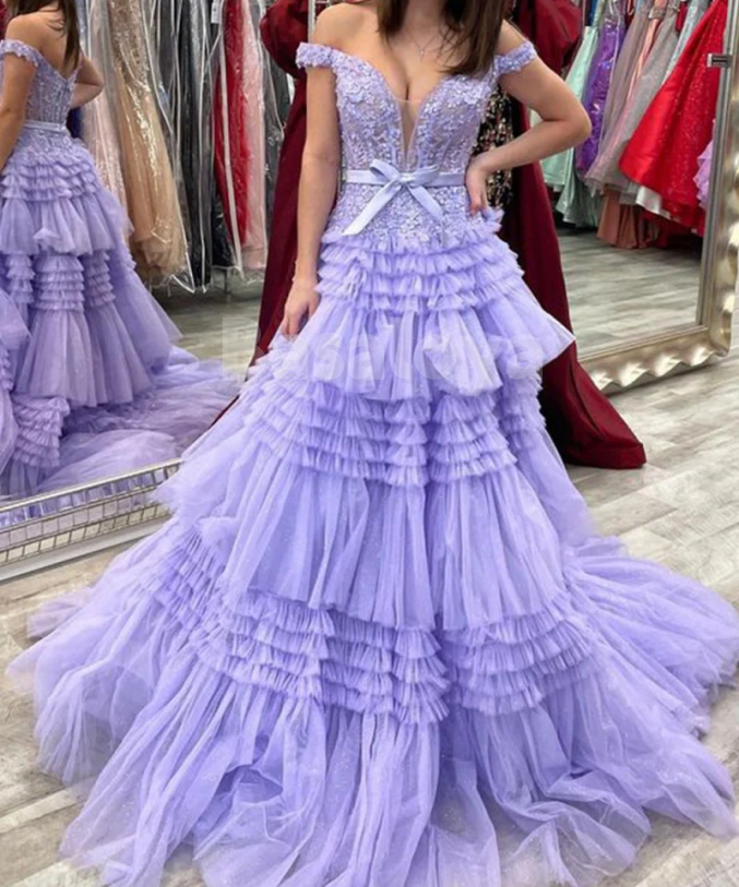 SP0149 Elegant Appliques Pink Off-Shoulder A-Line Tiered Prom Dress with Bow