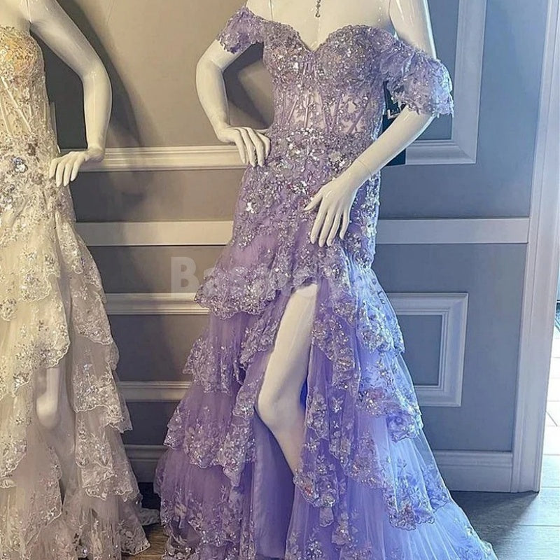 ED0026 Sparkly Appliques Pink Off-Shoulder Tiered Evening Dress with Slit