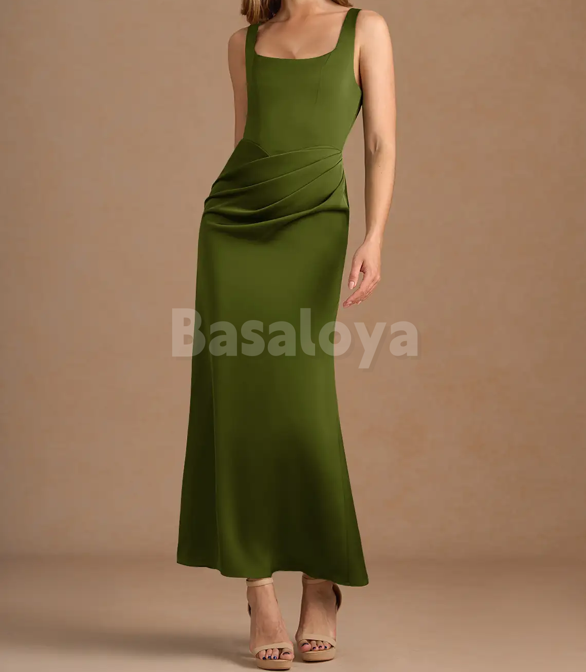 SP0264 Simple Navy Square Neck Sheath Pleated Satin Formal Prom Dress