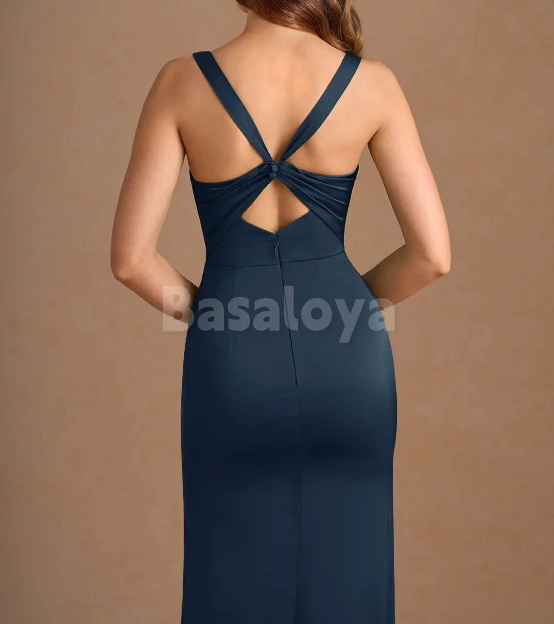 SP0264 Simple Navy Square Neck Sheath Pleated Satin Formal Prom Dress