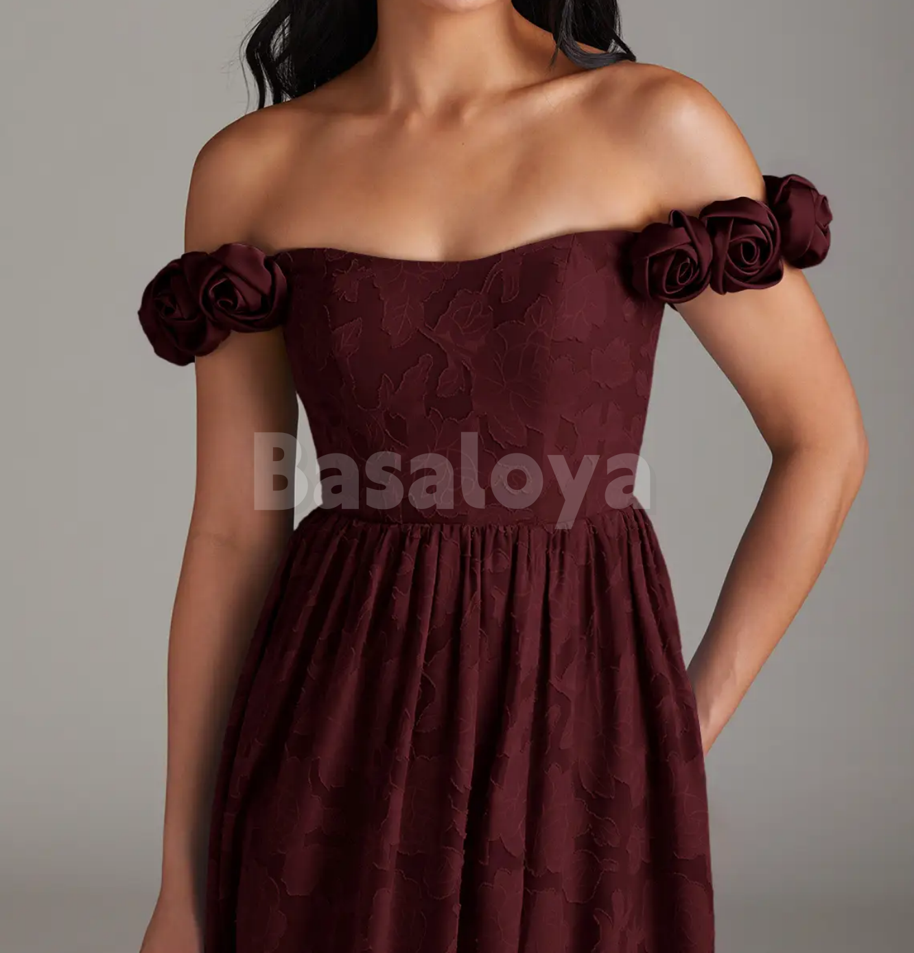 SP0252 Gorgeous 3D Floral Burgundy Off-Shoulder A-Line Prom Formal Gown