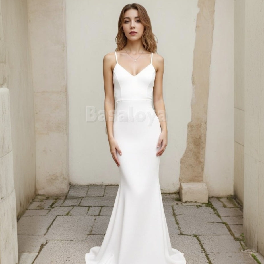 WD0009 Simple V-Neck Straps Mermaid Boho Wedding Dress Bridal Gown