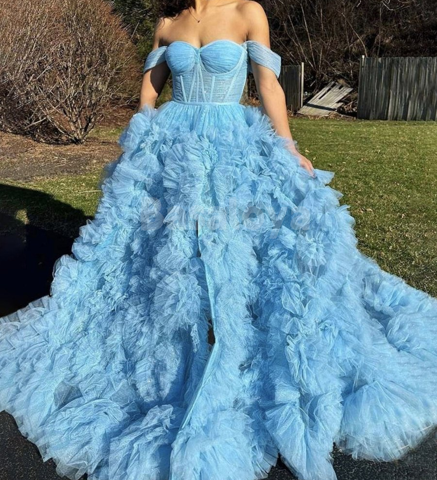 SP0193 Glamorous White Off-Shoulder A-Line Tiered Ball Gown Prom Dress