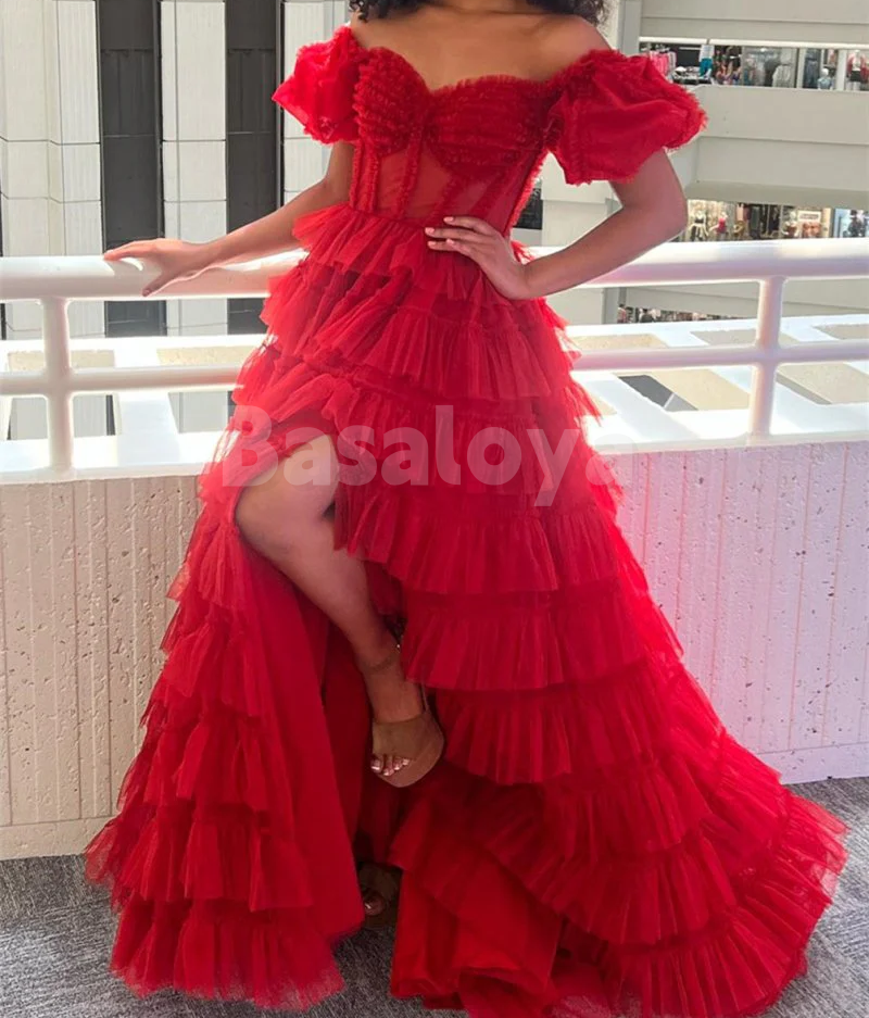 SP0194 Elegant Orange Sweetheart A-Line Puff Sleeves Tiered Prom Dress