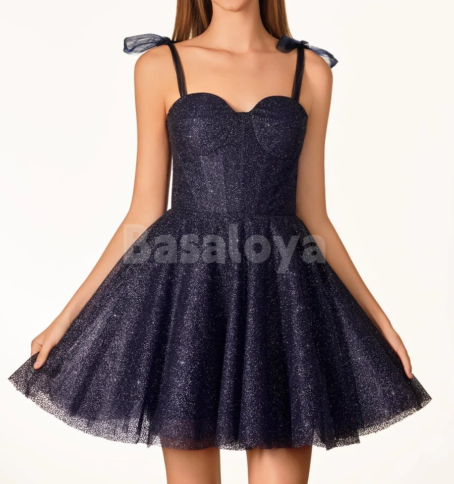 HM0128 Elegant Navy Blue Sweetheart A-Line Glitter Homecoming Gown