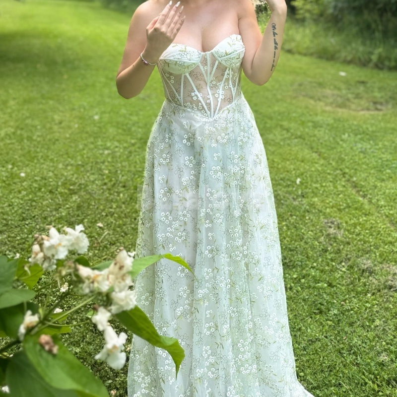 SP0054 Gorgeous Light Green A-Line Sweetheart Prom Dress with Printed Flower