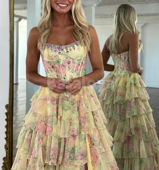 SP0334 Graceful Printed Yellow Strapless A-Line Tiered Prom Dress with Crystal