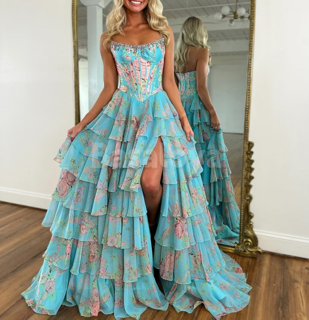 SP0334 Graceful Printed Yellow Strapless A-Line Tiered Prom Dress with Crystal