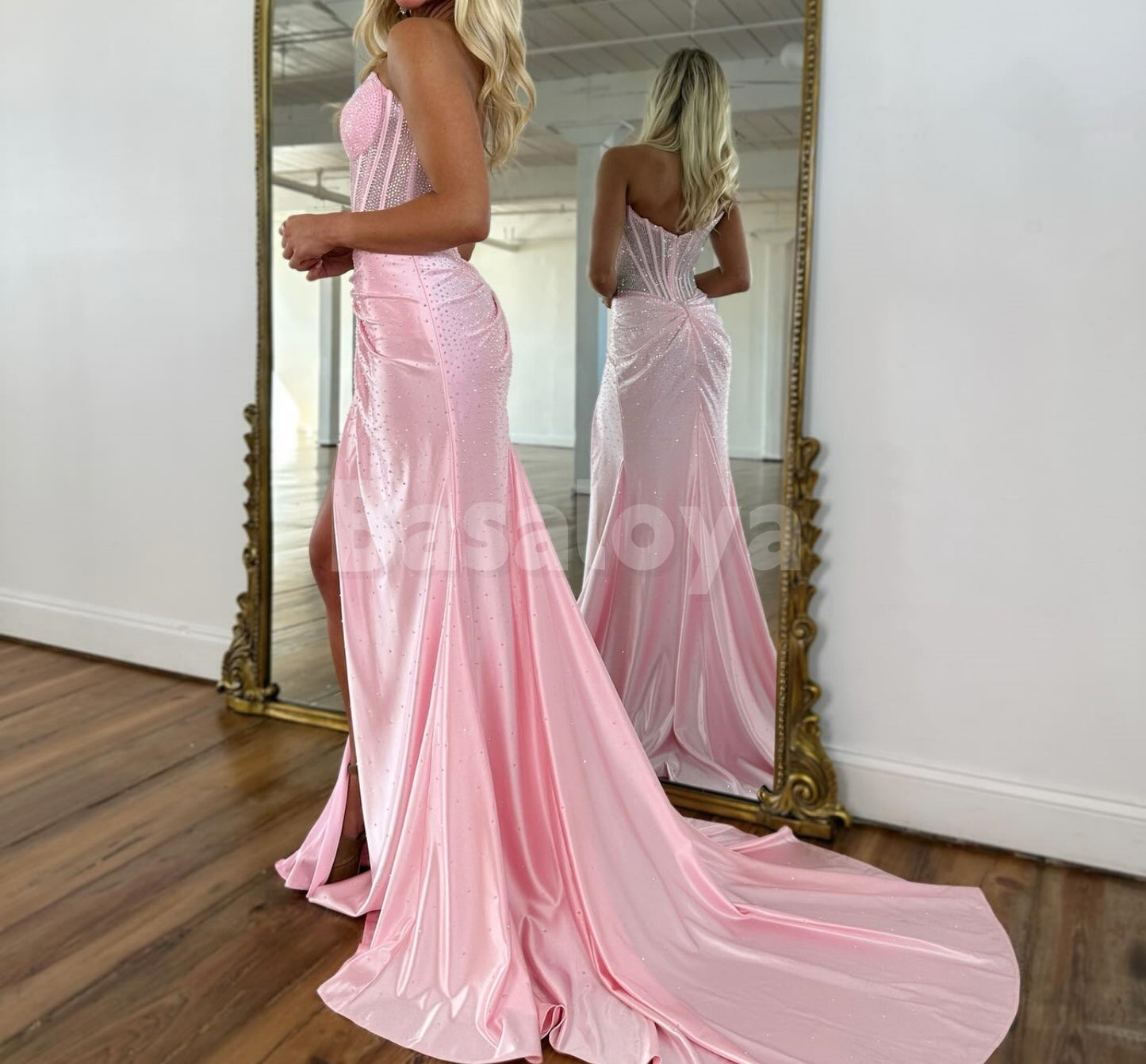 SP0333 Luxury Beaded Light Blue Strapless Bodycon Prom Dress with Train