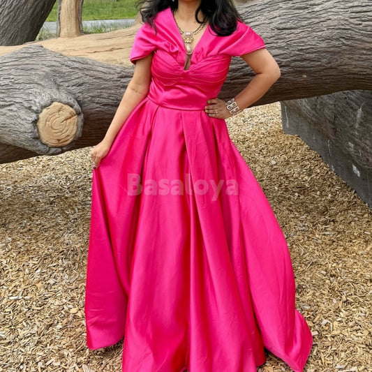 SP0026 Elegant Fuchsia Cap Sleeve A-Line Satin Prom Party Dress