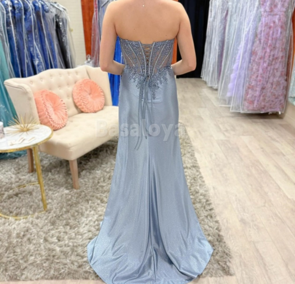 SP0007 Luxury Blue Scoop Neck Sheath Appliques Prom Evening Dress with Beads