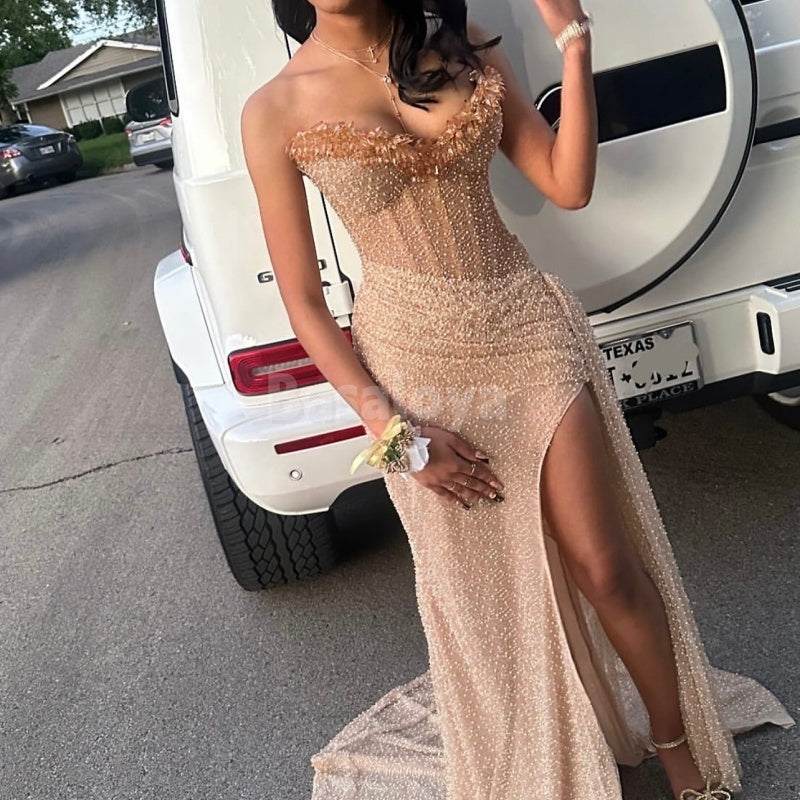 SP0044 Charming Pearls Champagne Sweetheart Sheath Prom Dress with Feathers