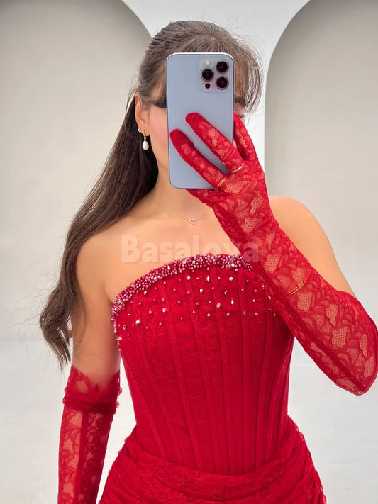 SP0339 Elegant Red Strapless Bodycon Beaded Prom Dress with Gloves