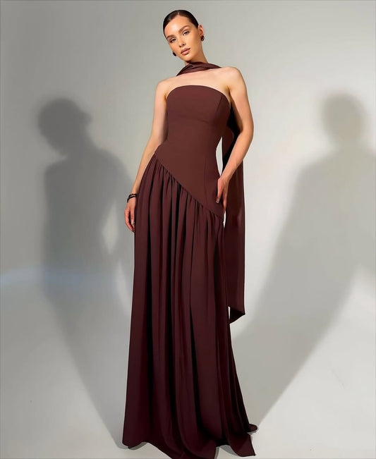 SP0324 Simple Brown Strapless Straight Pleated Formal Prom Dress with Scarf