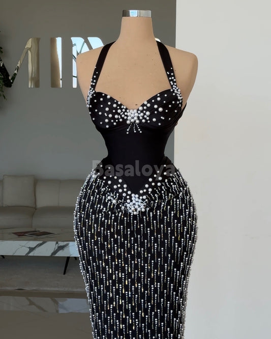 SP0050 Stunning Black Halter Neck Sheath Prom Dress Evening Gown with Pearls