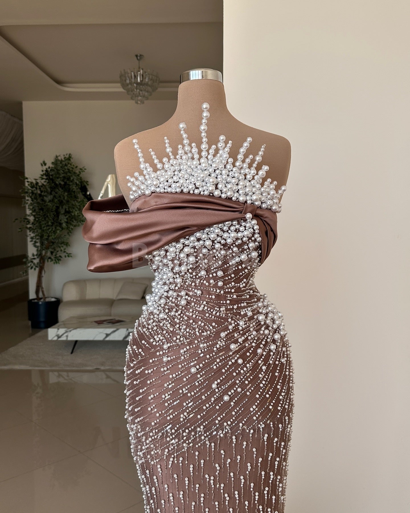 SP0051 Graceful Pearls One Shoulder Sheath Satin Long Prom Formal Dress