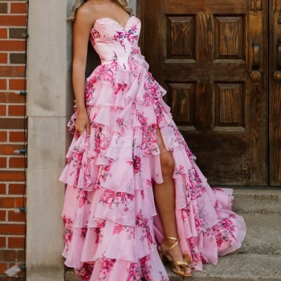 SP0041 Elegant Pink Printed Sweetheart A-Line Tiered Lace Prom Formal Gown