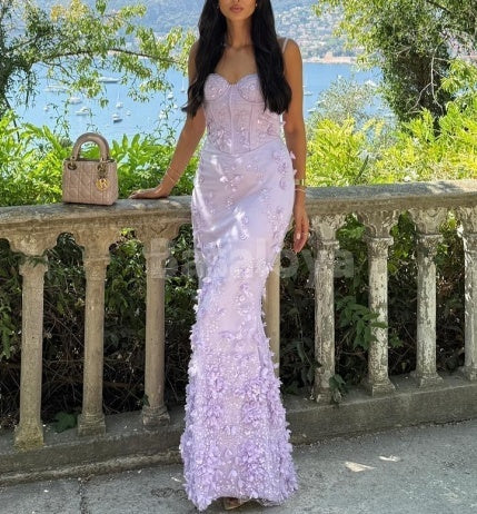 SP0318 Luxury 3D Floral Lilac Spaghetti Straps Mermaid Prom Dress