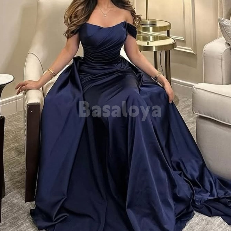 ED0029 Elegant Dark Navy Off-Shoulder Satin Evening Dress with Overskirt