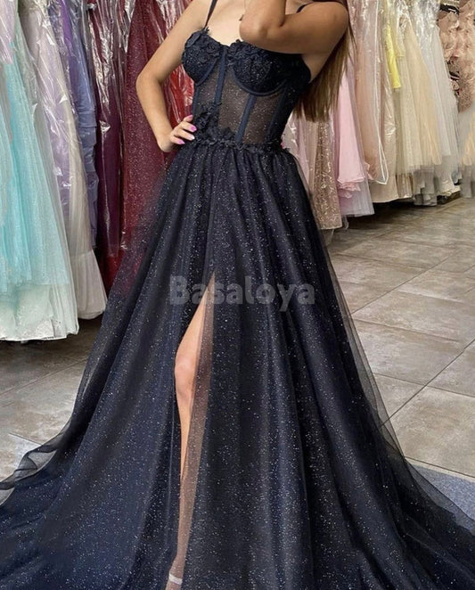 SP0045 Elegant Black Sweetheart A-Line Glitter Knit Prom Dress with Slit