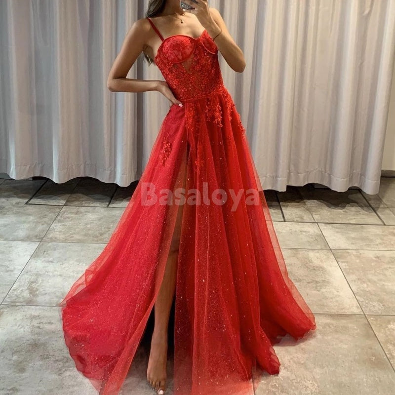 SP0045 Elegant Black Sweetheart A-Line Glitter Knit Prom Dress with Slit