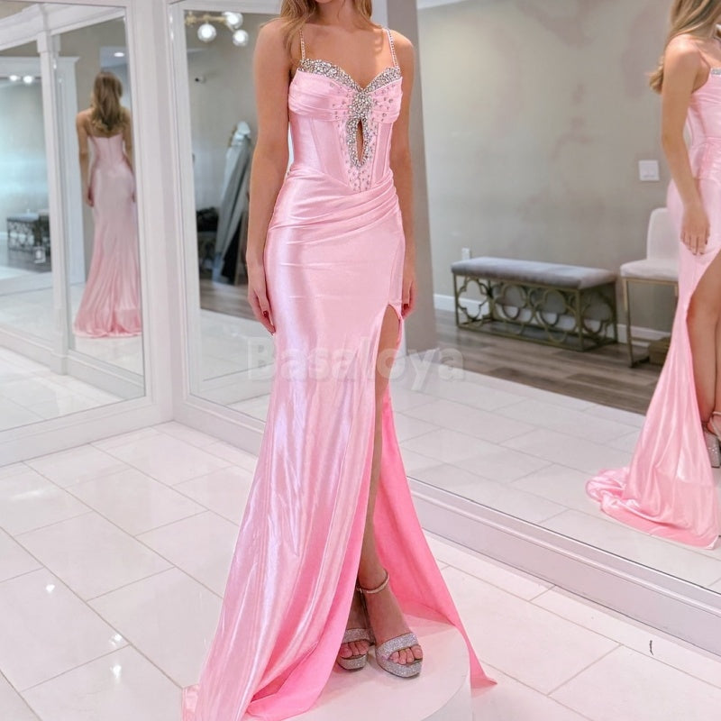 SP0011 Elegant Crystal Pink Spagehtti Straps Sheath Satin Prom Dress with Slit