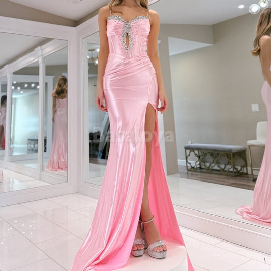 SP0011 Elegant Crystal Pink Spagehtti Straps Sheath Satin Prom Dress with Slit