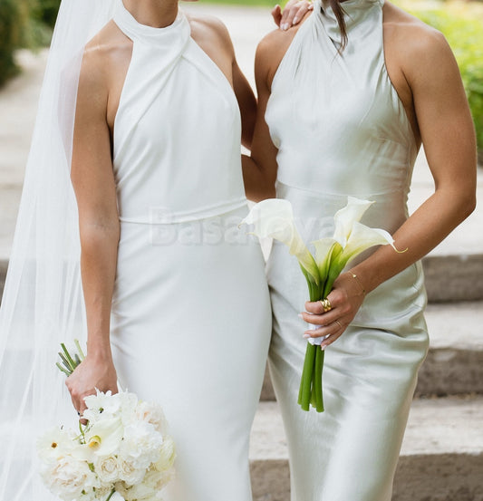 BM0019 Chic White High Neck Mermaid Satin Long Prom Dress Bridesmaid Gown