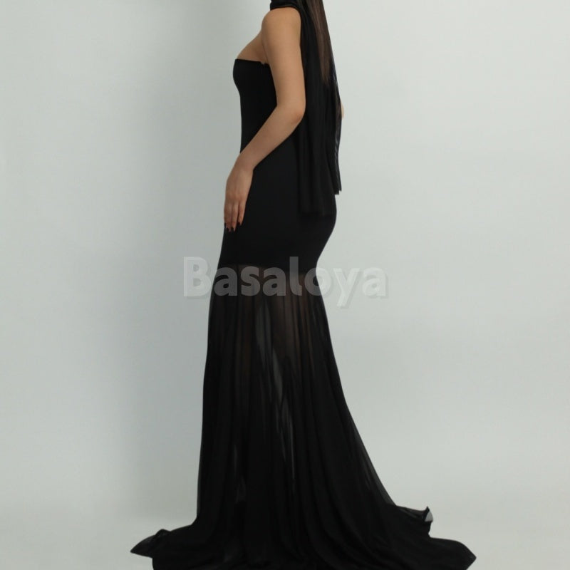 ED0013 Elegant Black Tube Top Sleeveless Mermaid Chiffon Evening Dress with Scarf