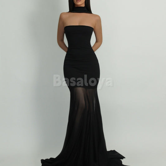 ED0013 Elegant Black Tube Top Sleeveless Mermaid Chiffon Evening Dress with Scarf