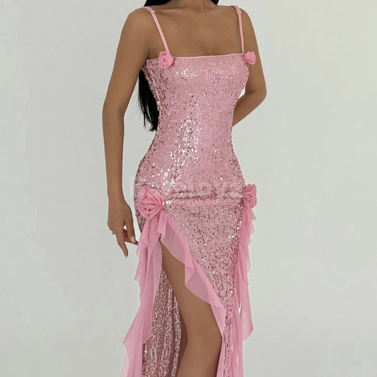 SP0022 Sparkly 3D Floral Pink Spaghetti Straps Sequined Prom Dress with Slit