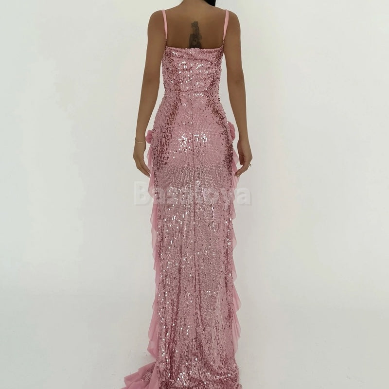 SP0022 Sparkly 3D Floral Pink Spaghetti Straps Sequined Prom Dress with Slit