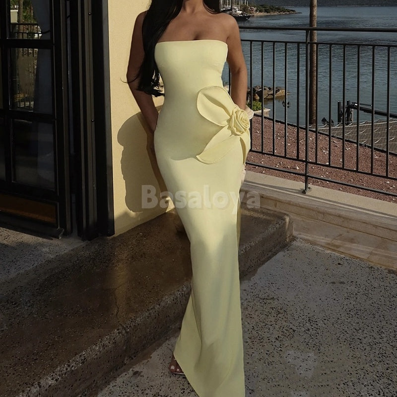 SP0023 Elegant 3D Floral Blue Strapless Sheath Satin Prom Dress with Slit
