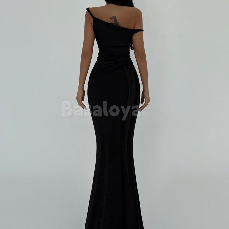 ED0014 Elegant Black one Shoulder Mermaid Evening Dress with Side Overskirt