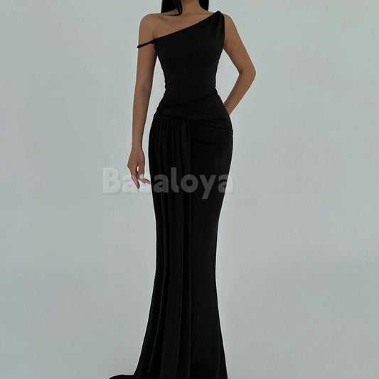 ED0014 Elegant Black one Shoulder Mermaid Evening Dress with Side Overskirt