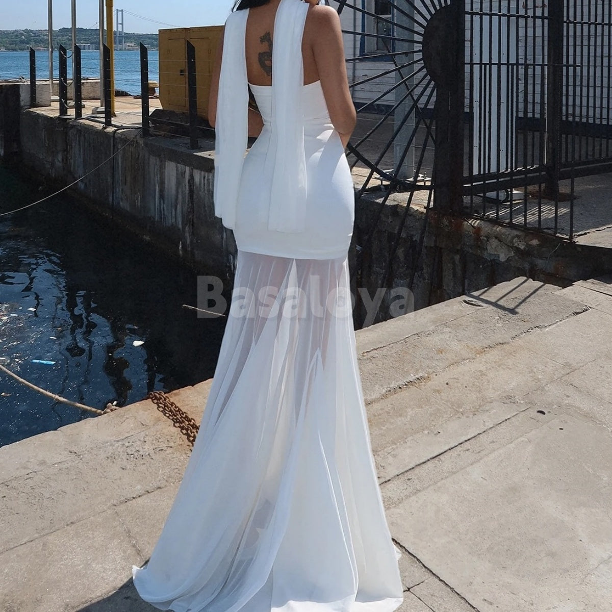 ED0013 Elegant Black Tube Top Sleeveless Mermaid Chiffon Evening Dress with Scarf