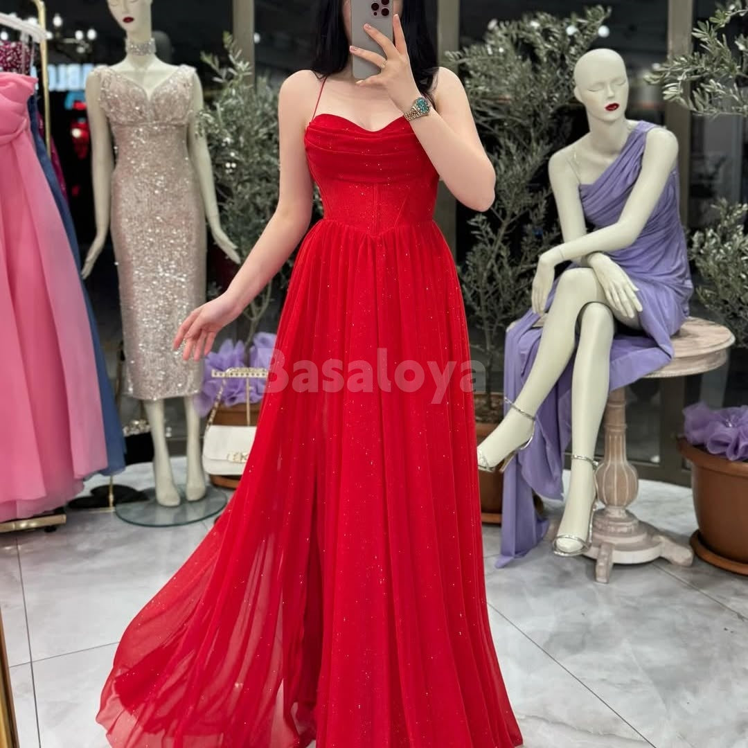 SP0048 Elegant Red Spaghetti Straps A-Line Prom Dress with Slit Party Gown