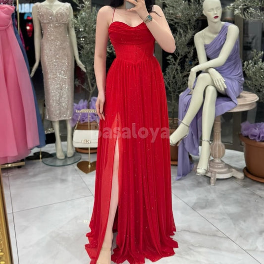 SP0048 Elegant Red Spaghetti Straps A-Line Prom Dress with Slit Party Gown