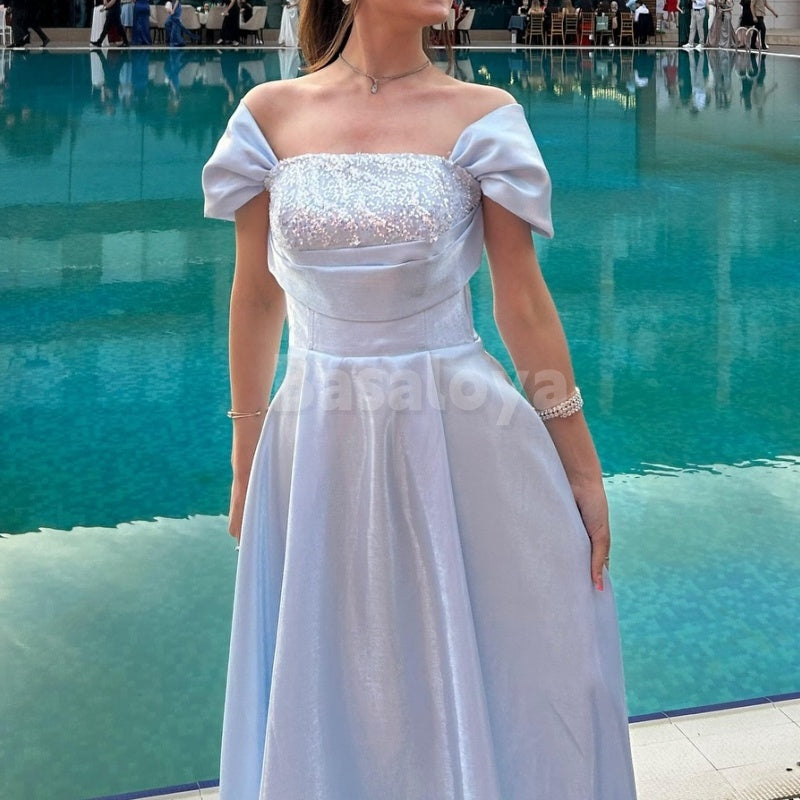 ED0039 Elegant Blue Off-Shoulder A-Line Pleated Long Evening Party Dress