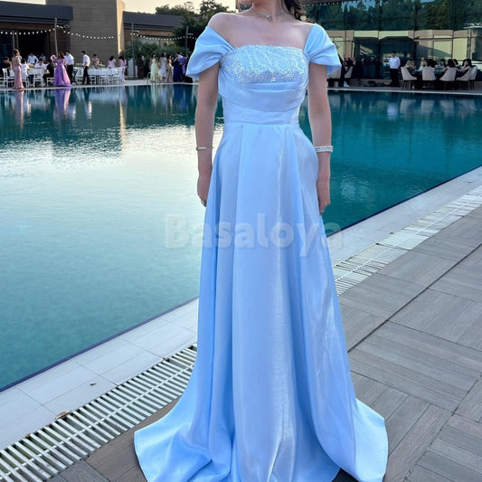 ED0039 Elegant Blue Off-Shoulder A-Line Pleated Long Evening Party Dress