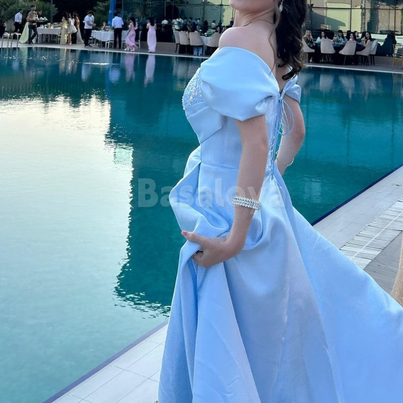 ED0039 Elegant Blue Off-Shoulder A-Line Pleated Long Evening Party Dress